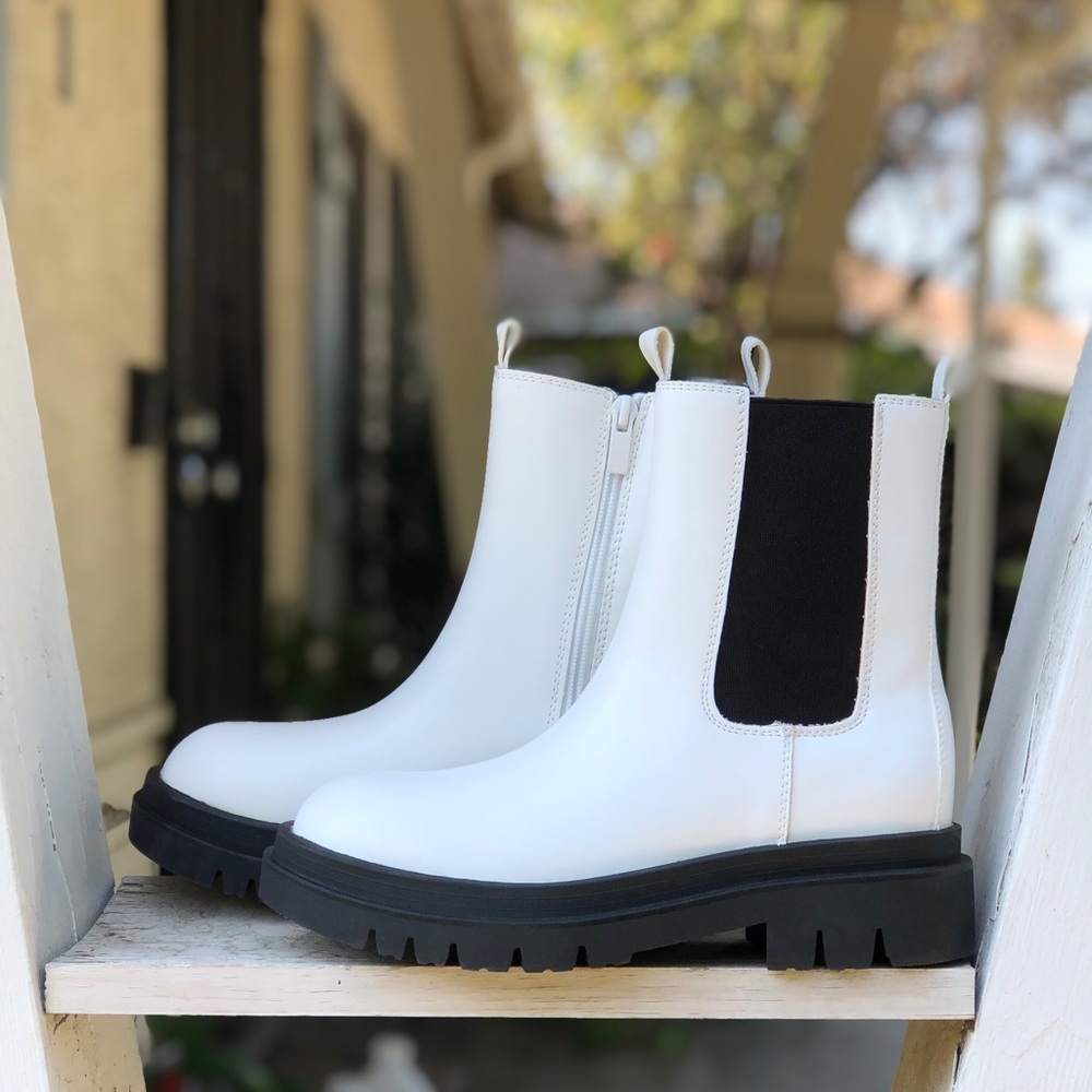 White Vegan Leather Lug Chelsea Boots - Picture 3 of 6